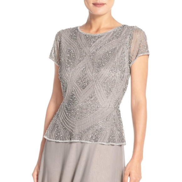 NWT! Pisarro Nights Embellished Mesh & Chiffon Gown‎ in Silver/Grey [SZ 6 ] - Picture 8 of 8